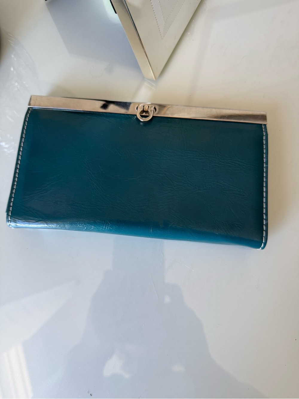 Teal Real Leather Clutch Wallet with Silver Trim